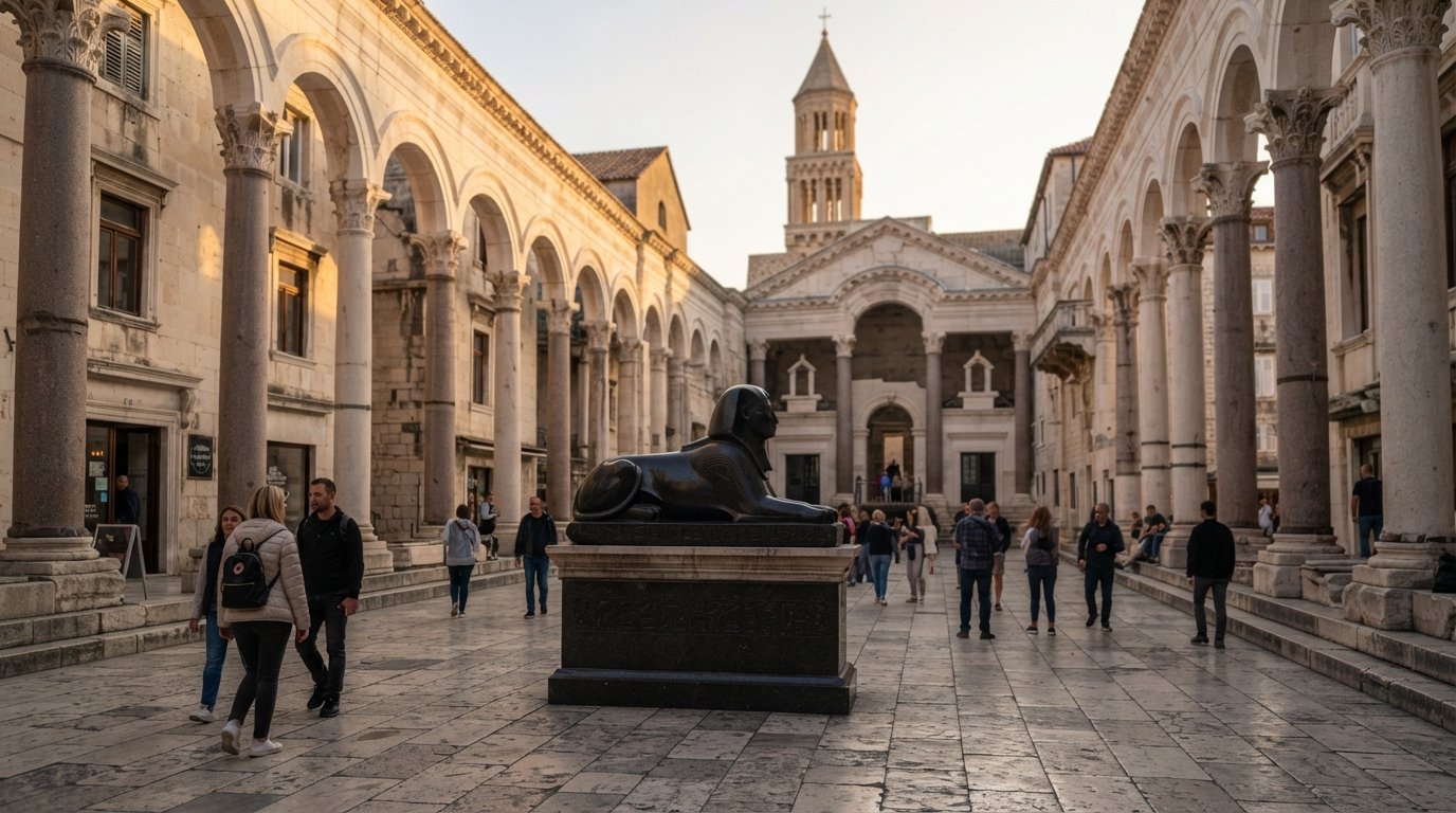 the Peristyle in Split at low morning light, Roman columns framing the ceremonial court and the black granite Egyptian sphinx near the center