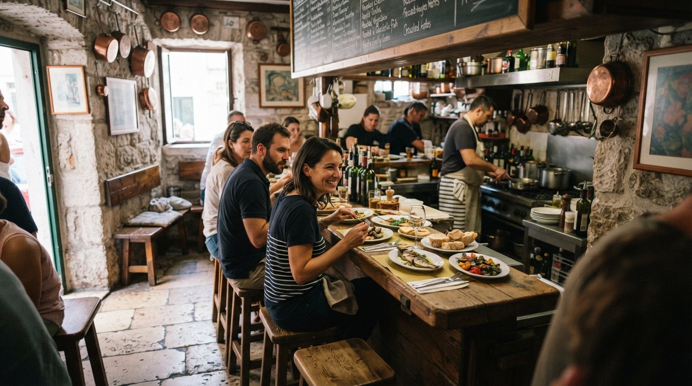 Villa Spiza’s tiny counter-and-benches konoba interior in Split, chalkboard menu above and simple daily fish plates on the table