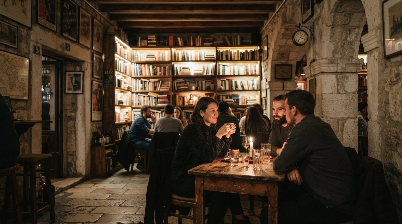 Marvlvs Library Jazz Bar on Papalićeva Street at night, candlelit stone floor, timber beams overhead and shelves of books glowing in warm light