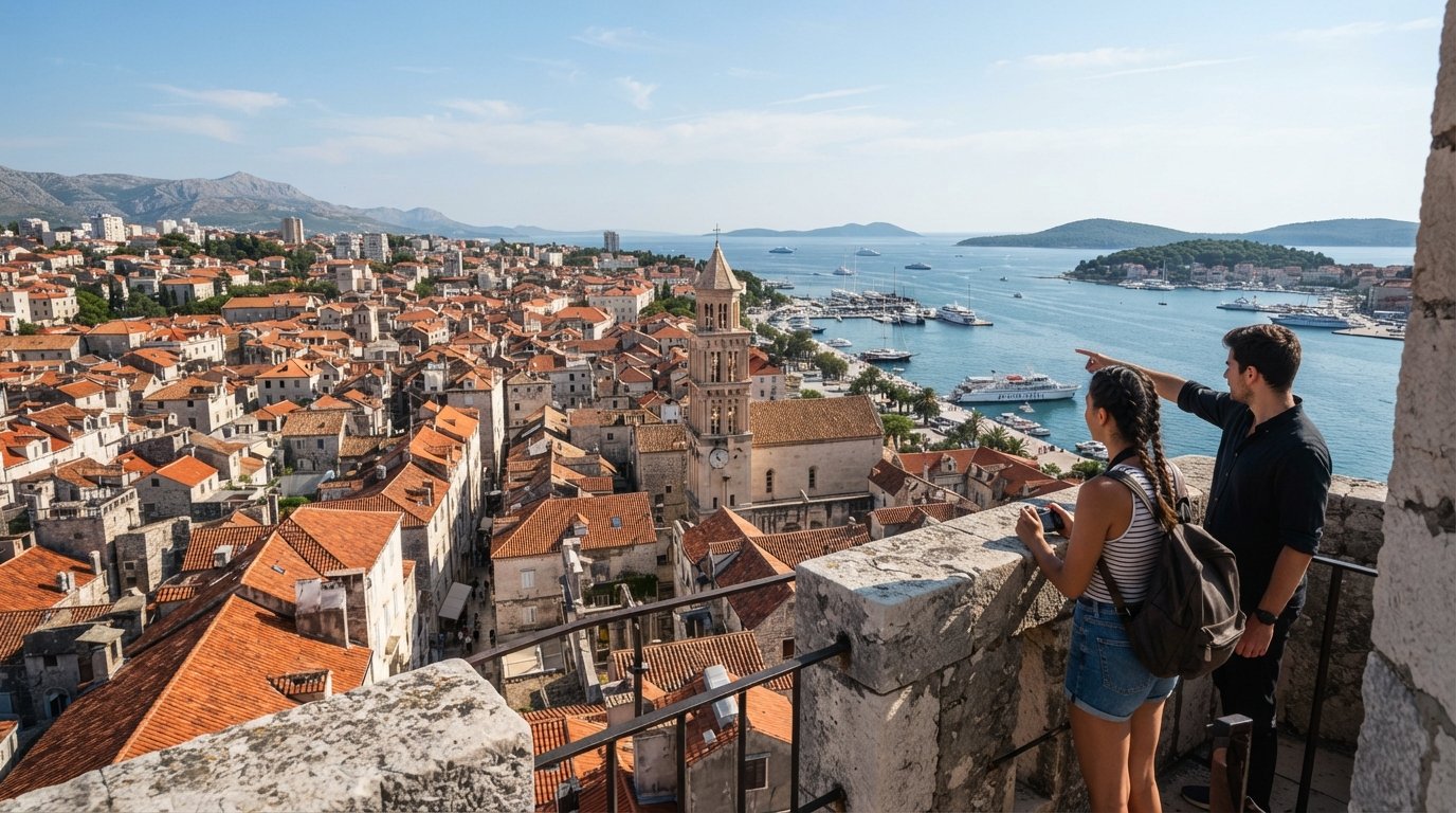 the view from the Cathedral of St Domnius bell tower over Split’s terracotta roofs, harbour and nearby islands in clear morning light