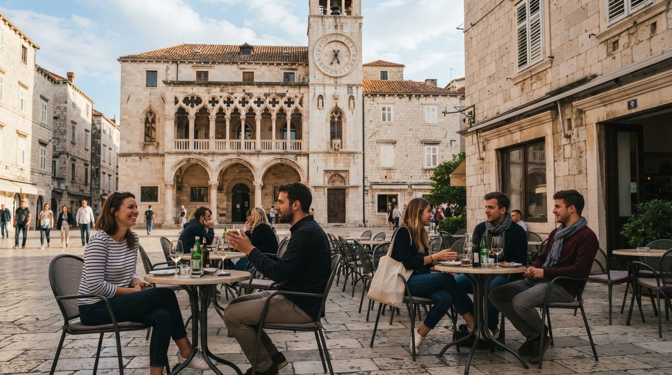 Pjaca in Split on a calm late-afternoon corner, Gothic town hall and the Renaissance 24-hour clock with café tables and people watching