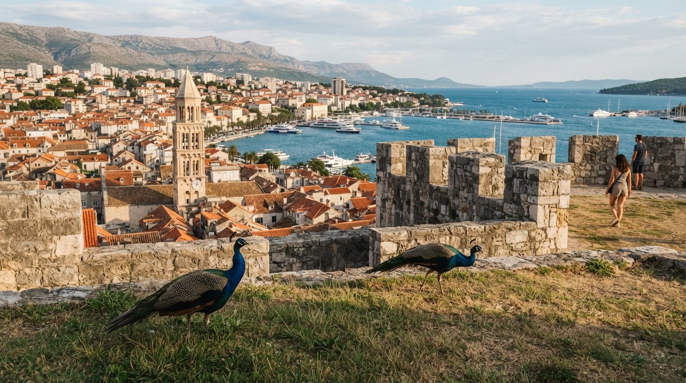 Remparts de la forteresse de Gripe au-dessus des toits de Split en fin d'après-midi, avec des paons sur les pelouses et le port visible au-delà des murs de pierre