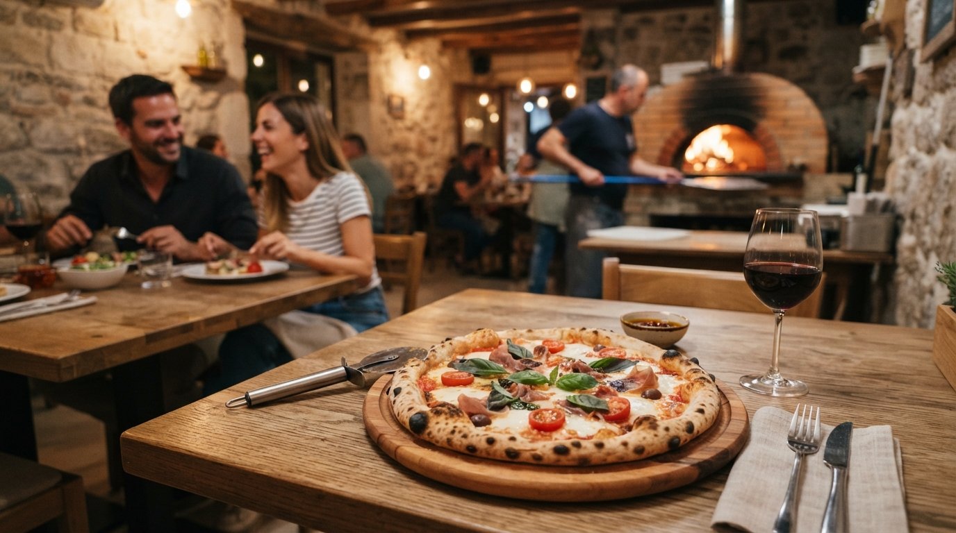 une pizza fine et boursouflée de Bakra – Steak & Pizza Bar sur une table du restaurant, avec la lueur du four à bois en arrière-plan
