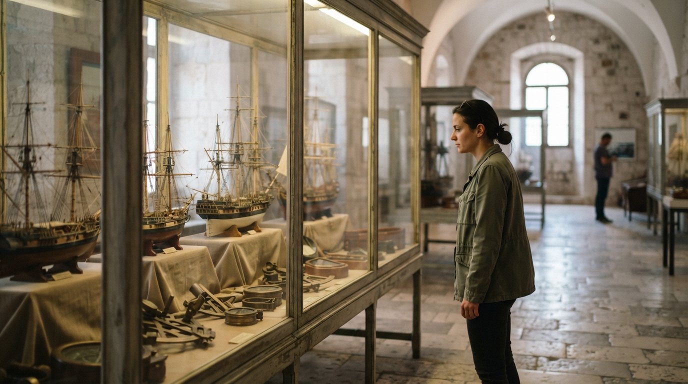 maquettes de navires et instruments navals à l'intérieur du Musée maritime croate à la forteresse de Gripe, avec des vitrines éclairées doucement dans une galerie calme