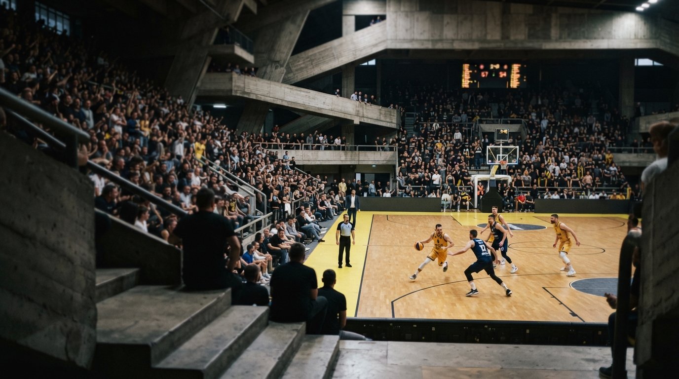 l'intérieur caverneux du Centre sportif de Gripe pendant un match de basket du KK Split, avec le terrain éclairé sous les gradins en béton