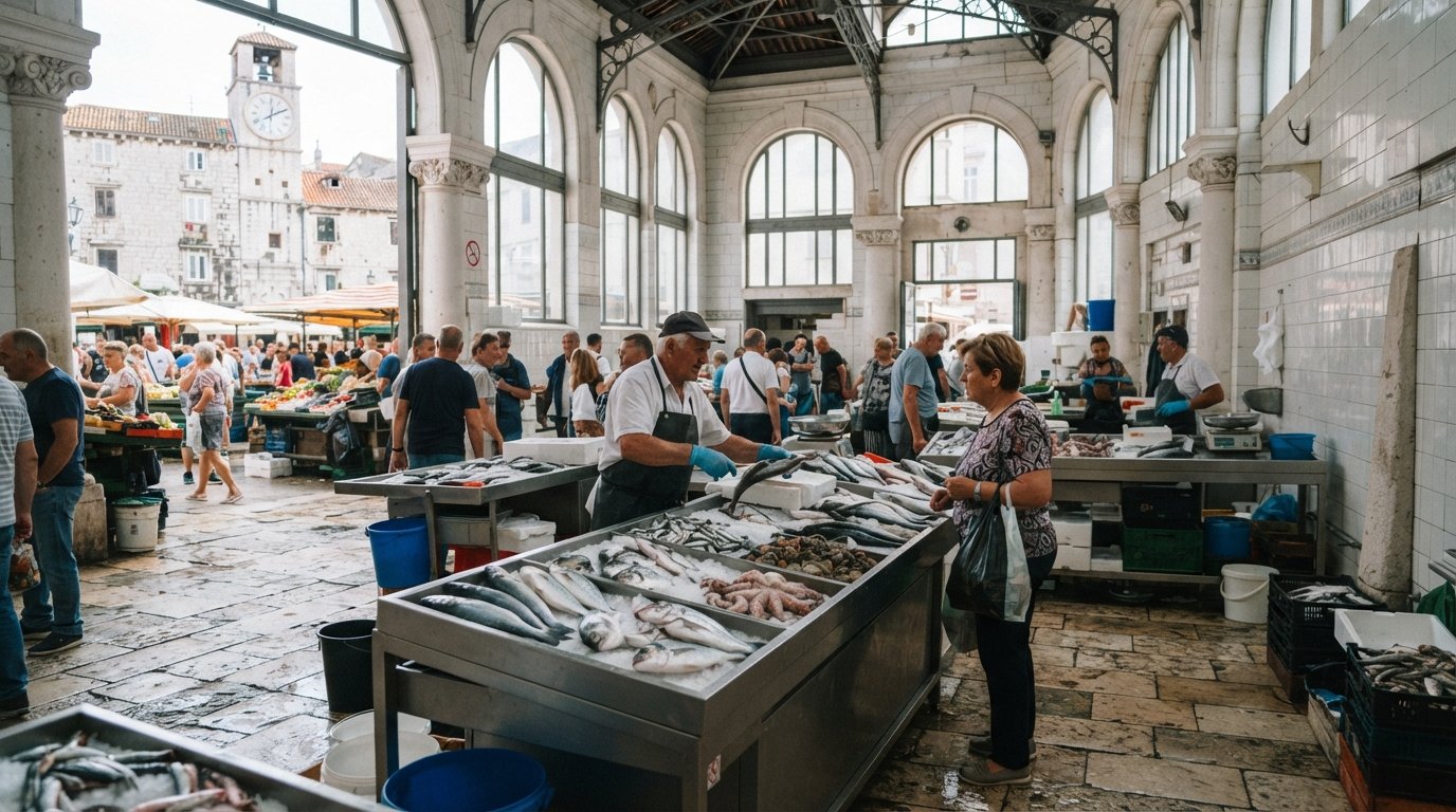 le marché aux poissons Peškarija dans son hall en pierre blanche de style Sécession, avec des comptoirs de poisson sous une lumière matinale éclatante et le marché ouvert à proximité