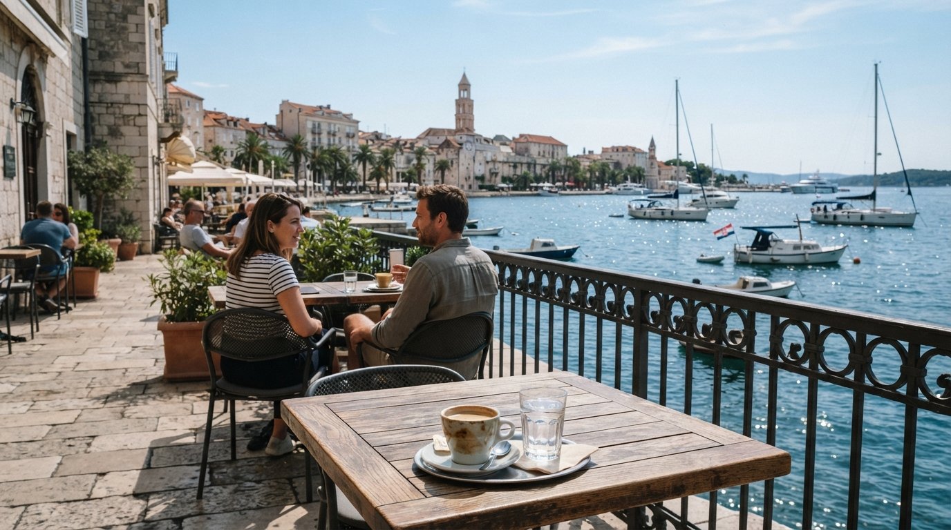 Kavana Zona en el paseo Meštrović, terraza frente al mar con vasos de café matutinos y barcos visibles más allá de la barandilla