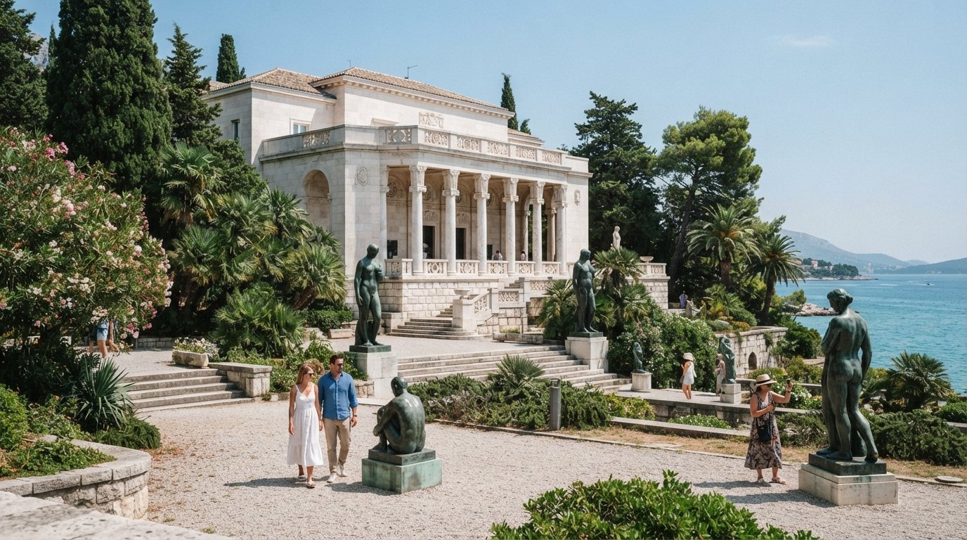 la Galería Meštrović, villa blanca con columnas de mármol y jardines llenos de esculturas bajo la luz costera brillante
