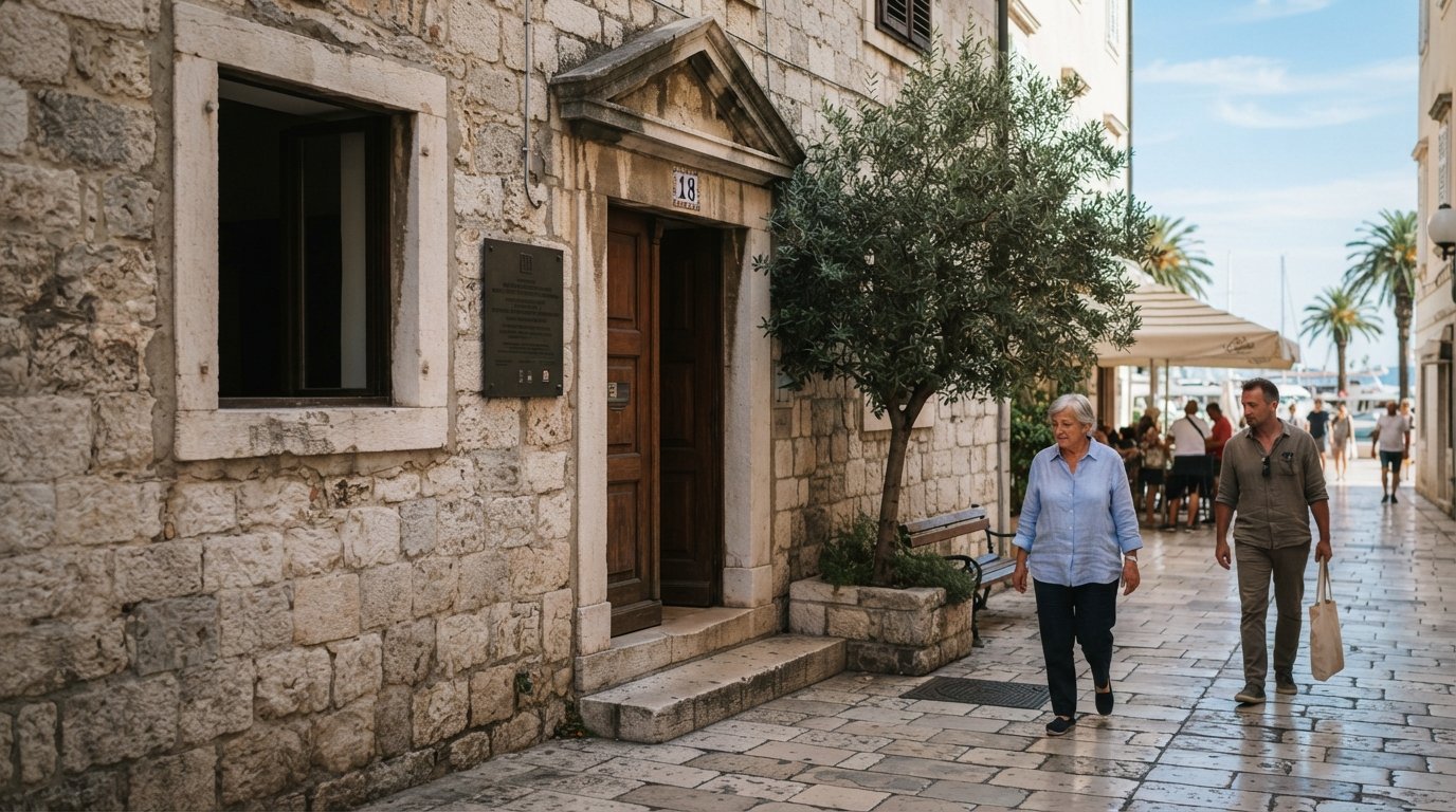 la entrada del Museo de Monumentos Arqueológicos Croatas en el número 18, fachada tranquila de la calle y sensación de un museo gratuito fuera del paseo