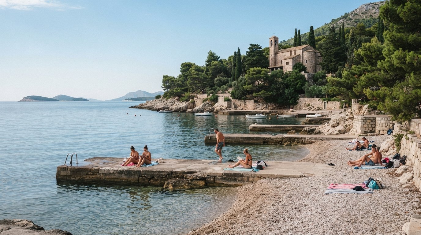 Playa de Ježinac debajo de la capilla Meštrović, cala de guijarros con plataformas de hormigón, pinos y agua matutina tranquila