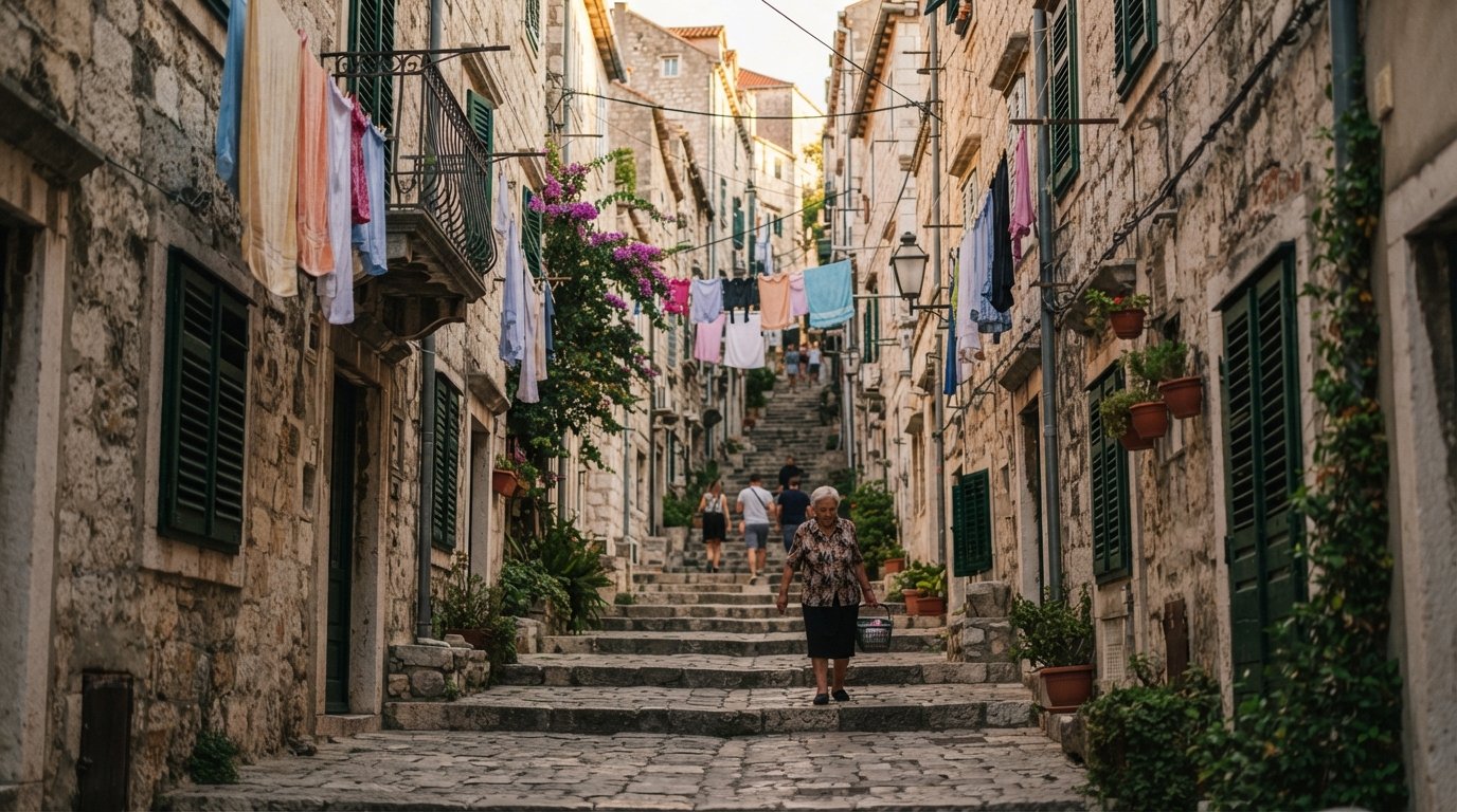 the narrow stepped lane of Radunica in Split, stone houses facing each other closely with laundry strung overhead and late-afternoon shade