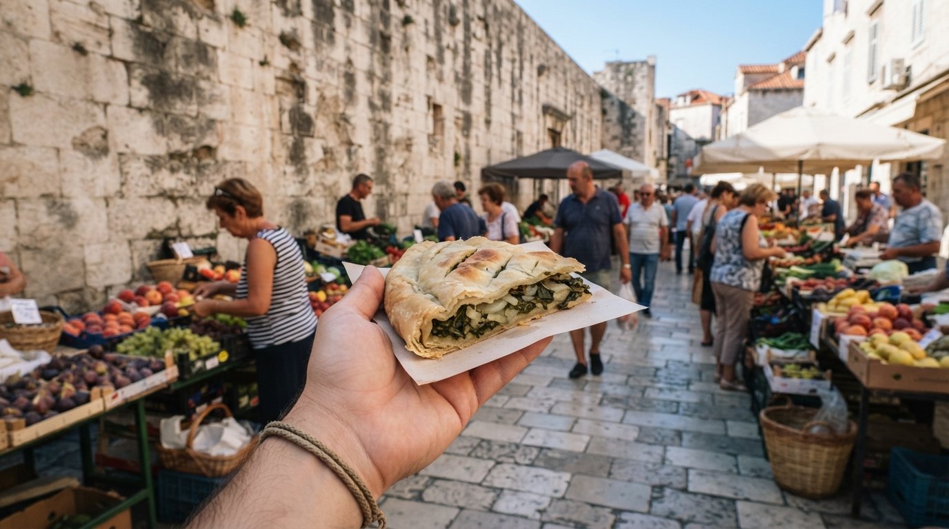 a slice of soparnik being held at the edge of Split’s Pazar market beside the palace wall, morning light and market produce in the background