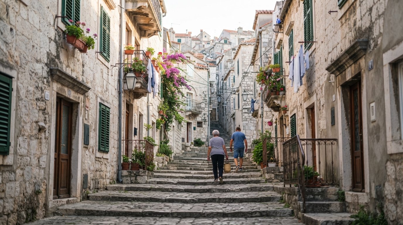 a stepped view up Radunica in Split looking toward the upper lanes, pale stone walls and family-name side streets in soft morning light