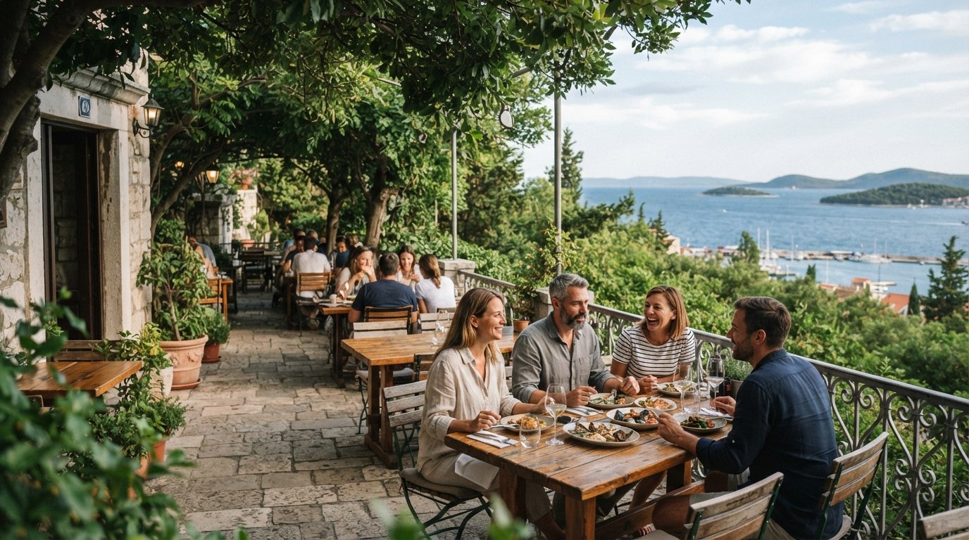 Restoran Gusar on Spinutska 69, leafy terrace tables on Marjan’s northern slope with a wide sea view beyond the trees