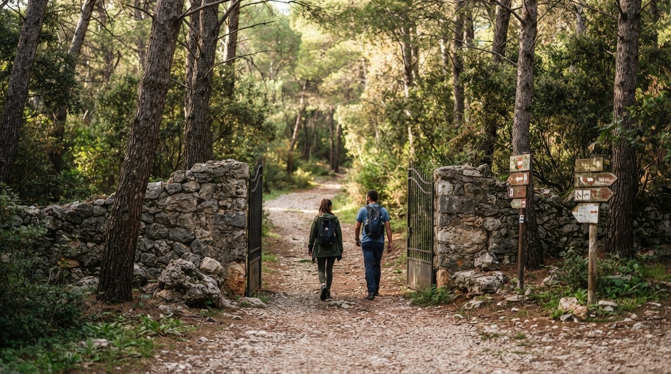 the Spinut Gate on Setaliste Marina Tartaglie, a shaded entrance path into Marjan forest with pine trunks and trail signs in morning light