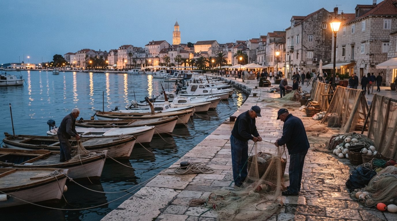 Matejuska harbour at dusk with small wooden fishing boats tied to the stone quay, nets drying and the old fishermen’s port glowing in soft evening light