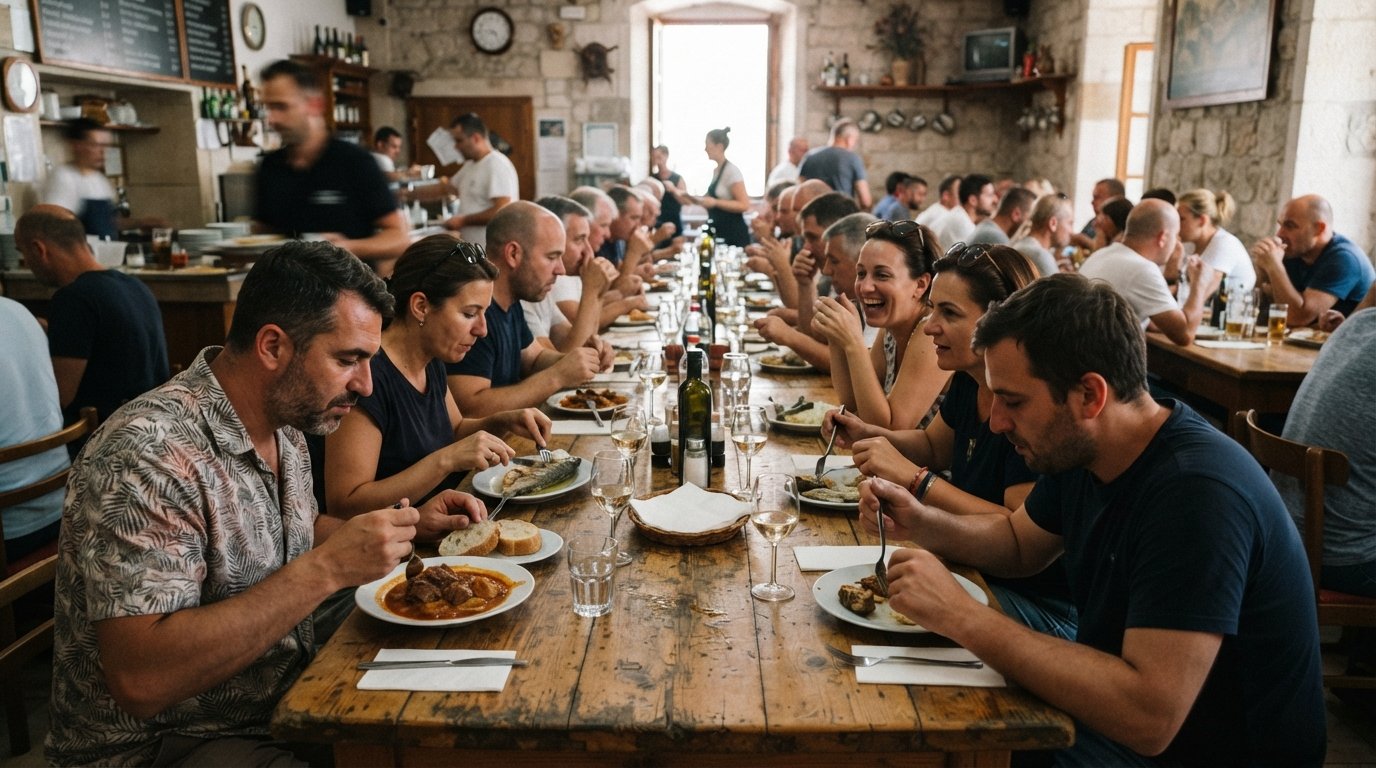 the long shared tables inside Buffet Fife by Matejuska, simple Dalmatian canteen food and a busy working-lunch atmosphere