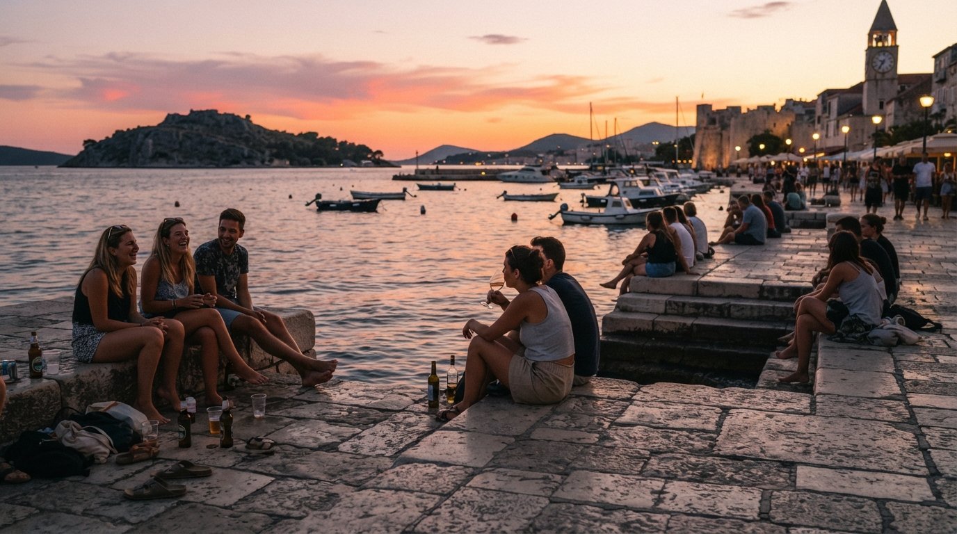 sunset at Matejuska with people sitting on the stone quay, bottles and glasses by their feet and the island of Ciovo silhouetted across the water