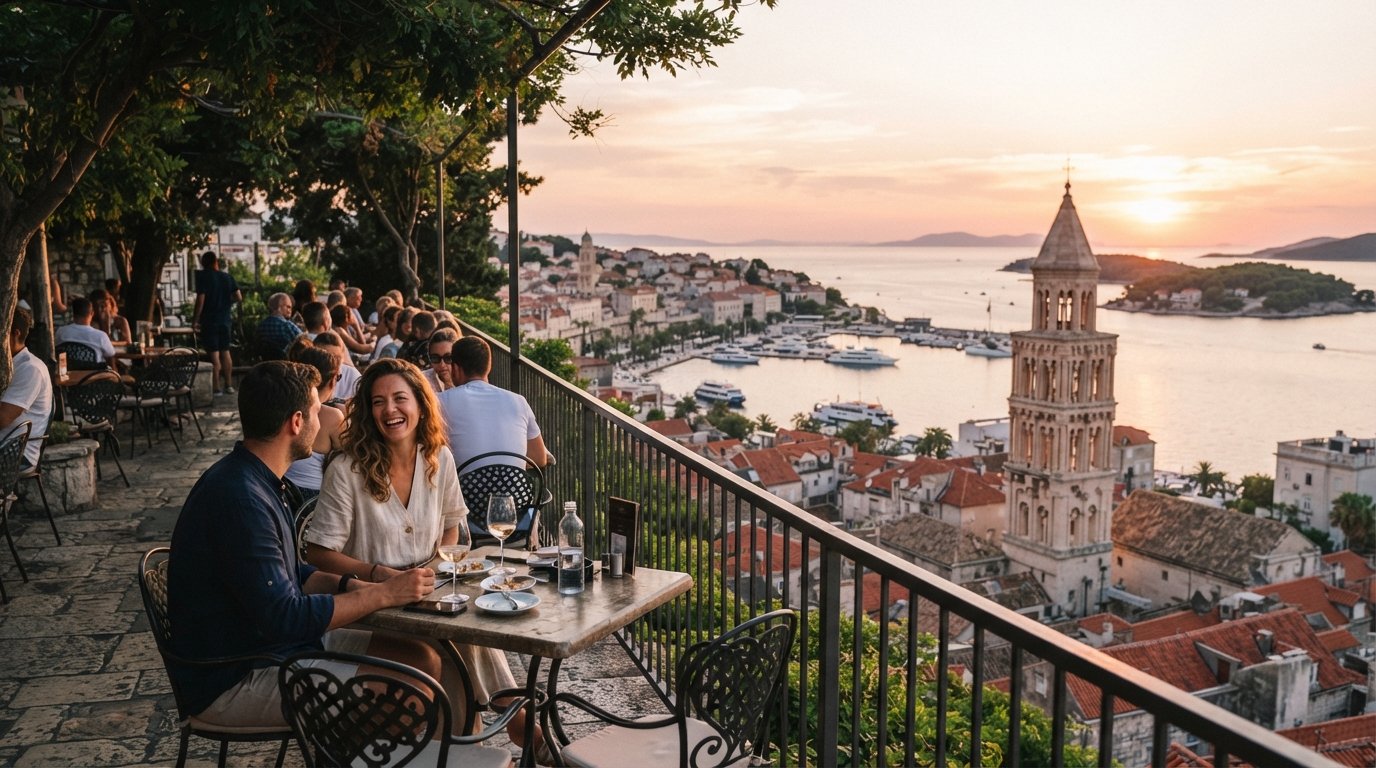 the terrace at Teraca Vidilica above Split at golden hour, café tables facing the city and islands with the sun dropping low over the horizon